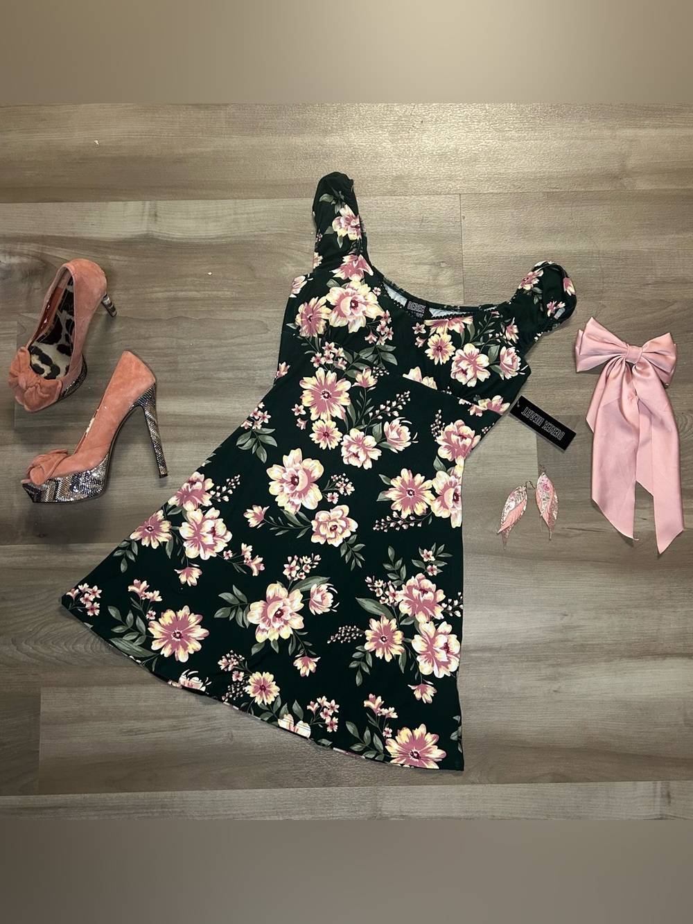 Derek Heart Dark Green Floral Fit-and-Flare Dress with Pink Accents